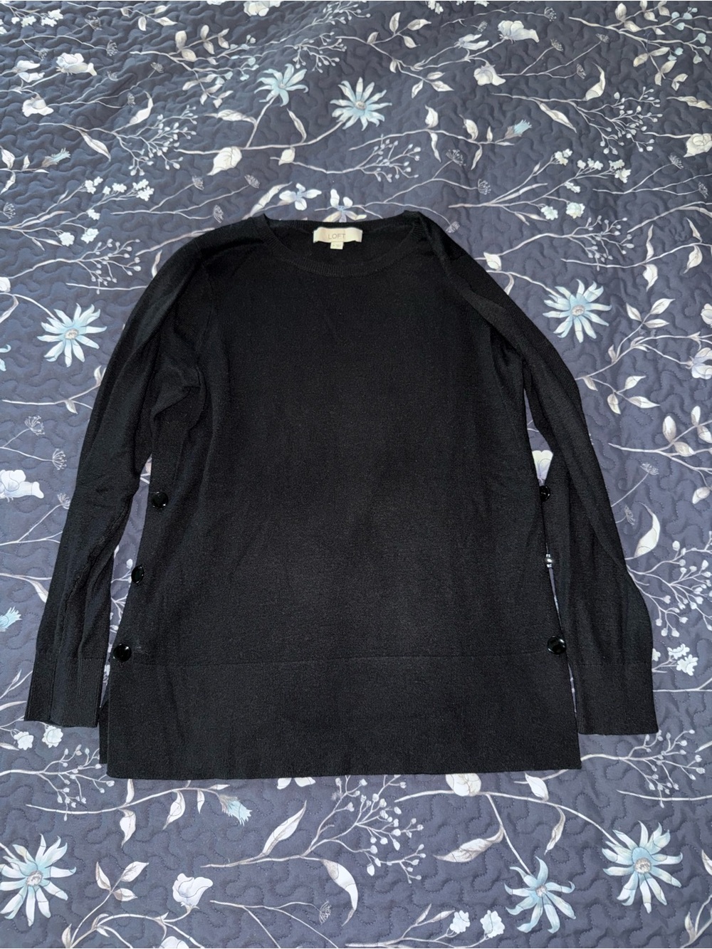 LOFT Black Crewneck Sweater with Side Buttons